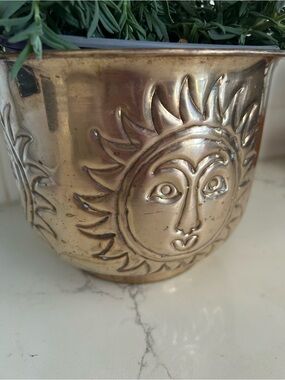 Celestial Gold Sun Face Embossed Brass Planter Pot